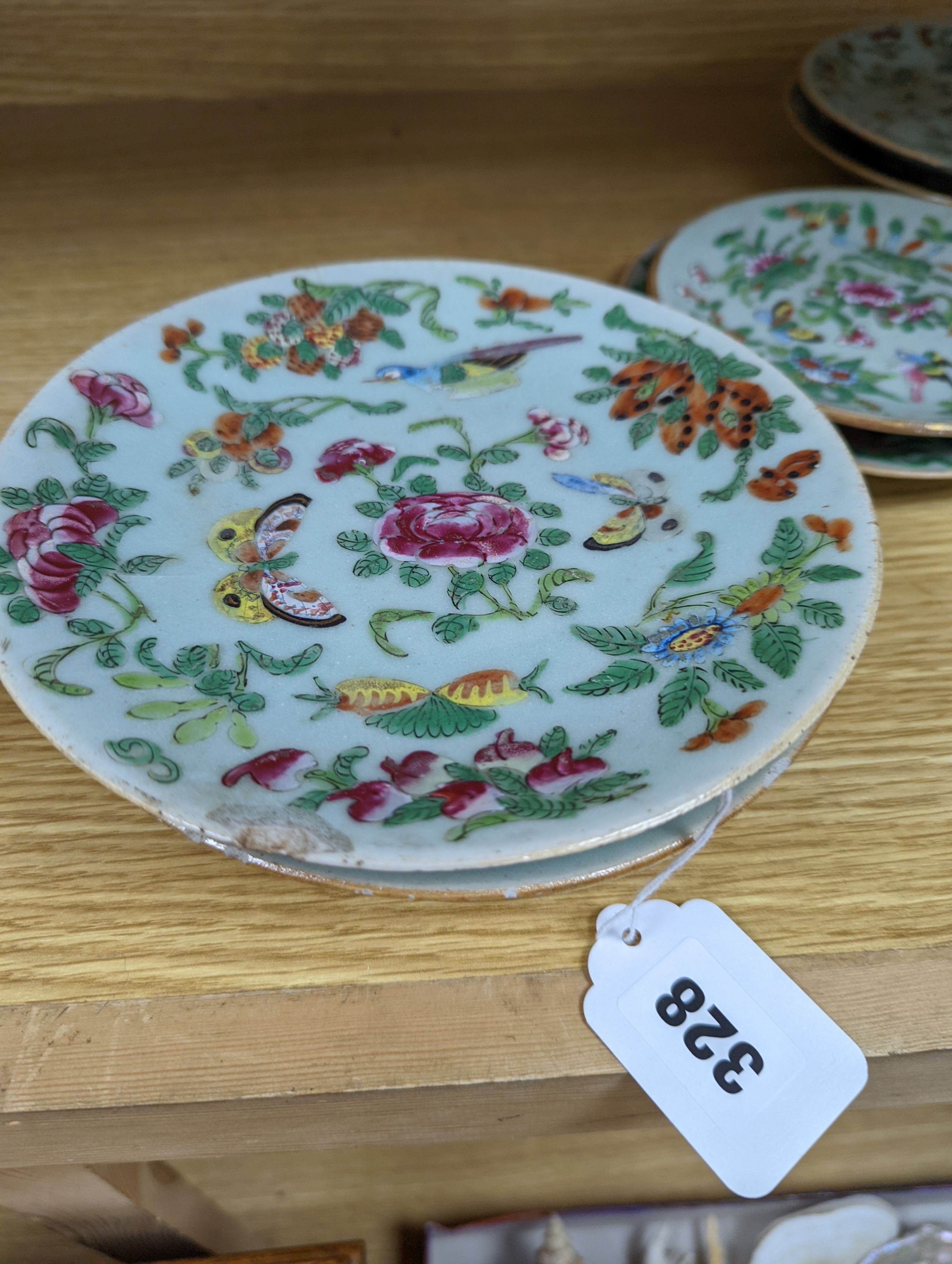 A group of ten mid 19th century Chinese famille rose celadon ground plates, largest 26cm